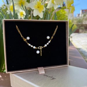 Coffret Bijoux Femme en Acier Inoxydable - Collier, Bague & Boucles d'Oreilles avec Perles